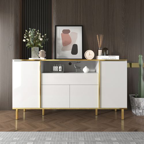 Buffet Blanc Laqué Moderne Avec Tiroir Et Éclairage LED - Structure Mdf Et Panneaux De Particules