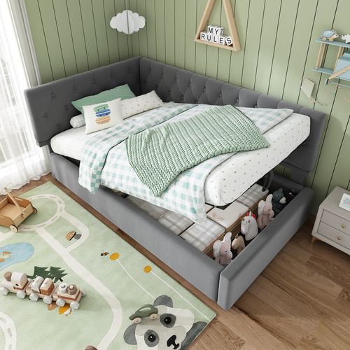 Lit Coffre 90x200 Cm - Lit Ado Avec Rangement Intégré, Dossier Capitonné, Velours Gris