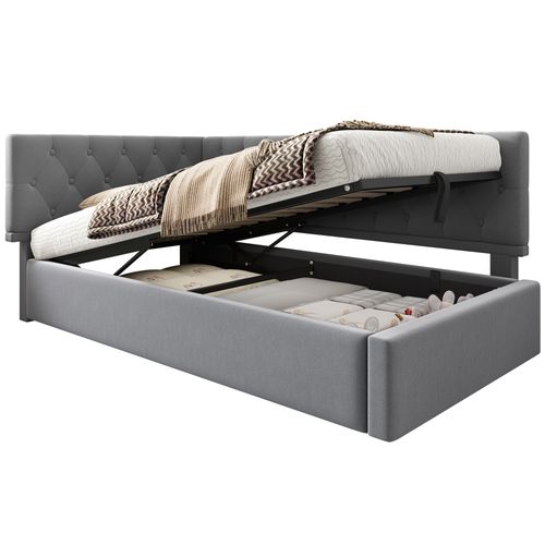 Lit Coffre 90x200 Cm - Lit Ado Avec Rangement Intégré, Dossier Capitonné, Velours Gris