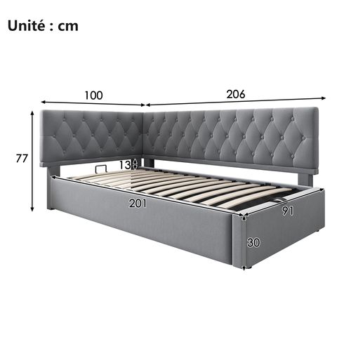 Lit Coffre 90x200 Cm - Lit Ado Avec Rangement Intégré, Dossier Capitonné, Velours Gris