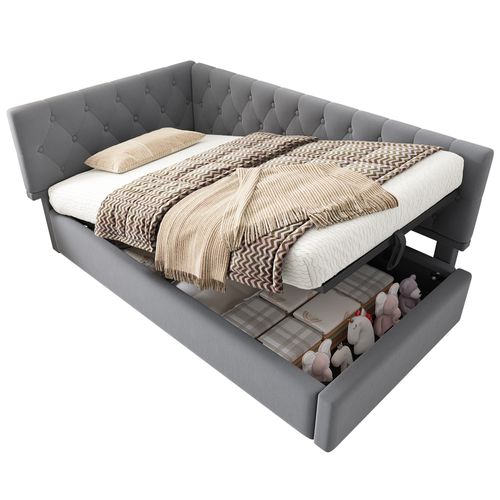 Lit Coffre 90x200 Cm - Lit Ado Avec Rangement Intégré, Dossier Capitonné, Velours Gris