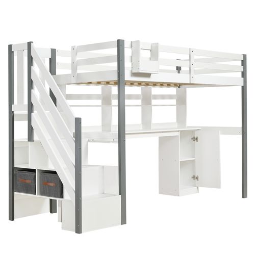 Lit Mezzanine 90x200 Cm - Bureau Et Rangement - Étagères Incluses - Pin Et Mdf - Blanc Et Gris