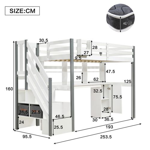 Lit Mezzanine 90x200 Cm - Bureau Et Rangement - Étagères Incluses - Pin Et Mdf - Blanc Et Gris