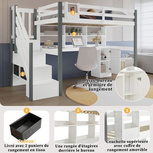 Lit Mezzanine 90x200 Cm - Bureau Et Rangement - Étagères Incluses - Pin Et Mdf - Blanc Et Gris
