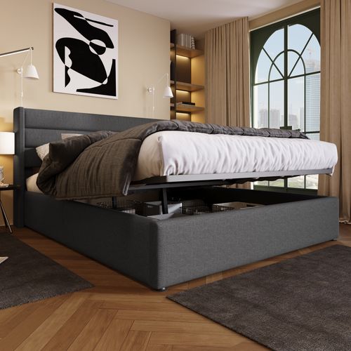 Lit Coffre 180x200 Cm - Lit Double Capitonné Gris Avec Sommier à Lattes - Lin