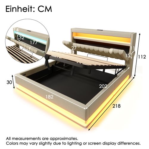 Lit Coffre 180x200 Cm - Coffre Intégré Et LED - Lit Capitonné Moderne Avec USB Type-c - Lin - Beige