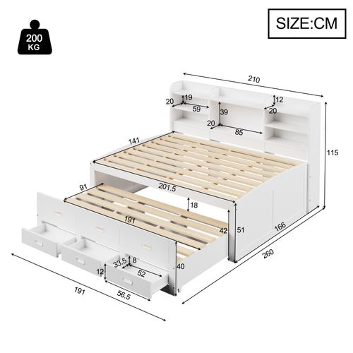 Lit Gigogne 140x200 - Lit Tiroir Et Rangement - LED Avec Télécommande - Ports USB Et Type-c - Blanc