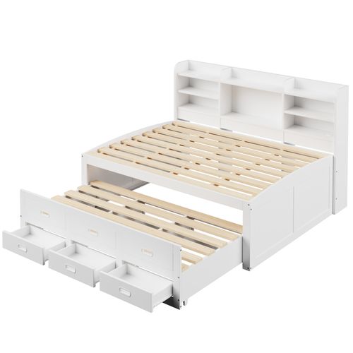 Lit Gigogne 140x200 - Lit Tiroir Et Rangement - LED Avec Télécommande - Ports USB Et Type-c - Blanc