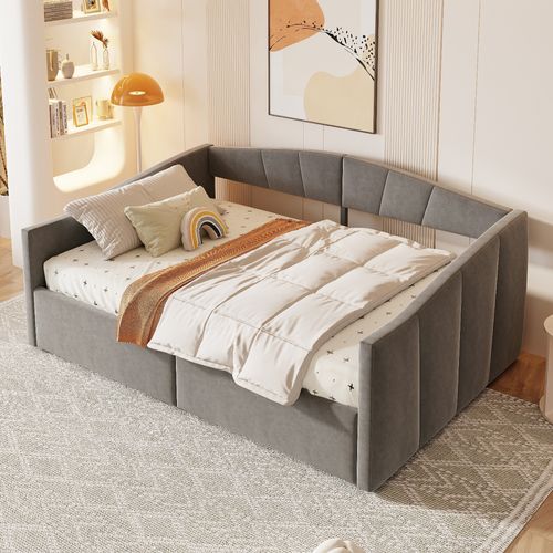 Lit Banquette 140x200 Cm - Lit Double Avec Coffre Et Accoudoirs Rembourrés - Velours Gris Foncé