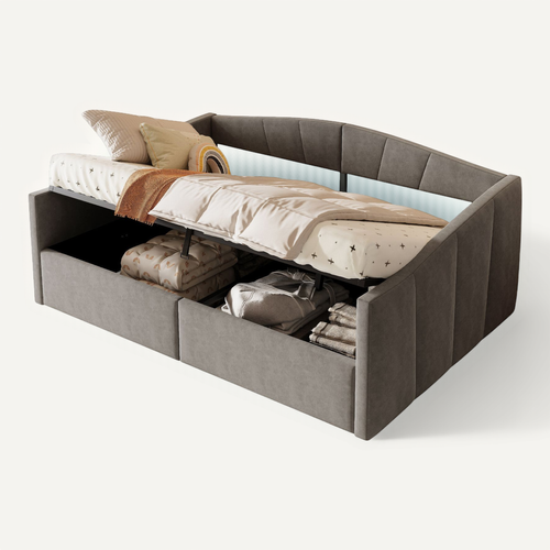 Lit Banquette 140x200 Cm - Lit Double Avec Coffre Et Accoudoirs Rembourrés - Velours Gris Foncé
