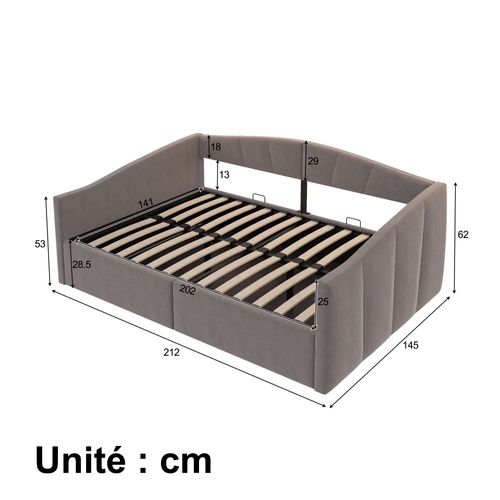 Lit Banquette 140x200 Cm - Lit Double Avec Coffre Et Accoudoirs Rembourrés - Velours Gris Foncé
