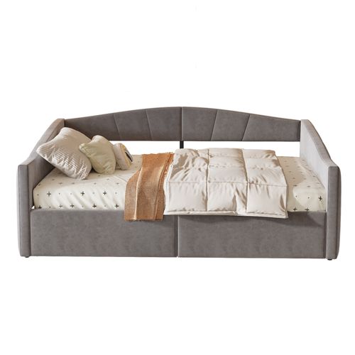 Lit Banquette 140x200 Cm - Lit Double Avec Coffre Et Accoudoirs Rembourrés - Velours Gris Foncé