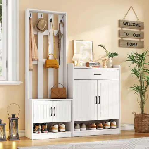 Vestiaire D’entrée - 4 Portes - Tiroir - Porte-manteaux - Rangement Chaussures - Mdf - Blanc
