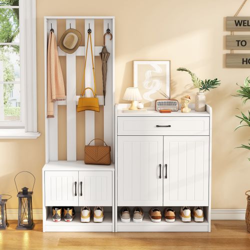 Vestiaire D’entrée - 4 Portes - Tiroir - Porte-manteaux - Rangement Chaussures - Mdf - Blanc