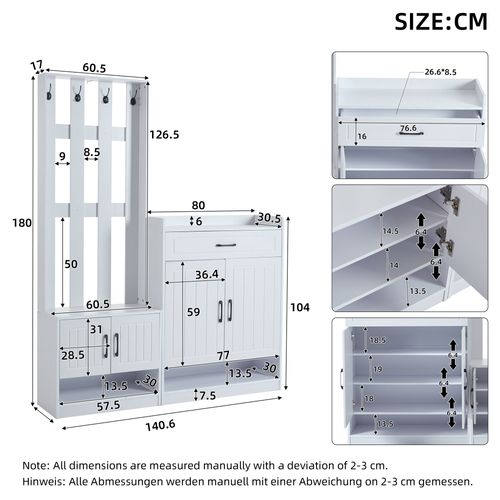 Vestiaire D’entrée - 4 Portes - Tiroir - Porte-manteaux - Rangement Chaussures - Mdf - Blanc