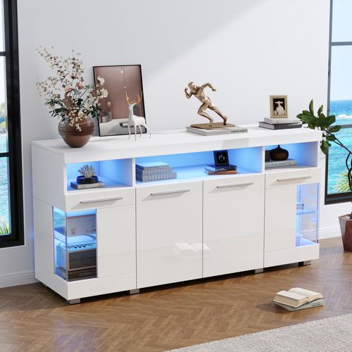 Buffet Haut Brillant - Meuble De Cuisine Bar Avec LED Et Portes En Verre Trempé - Mdf - Blanc