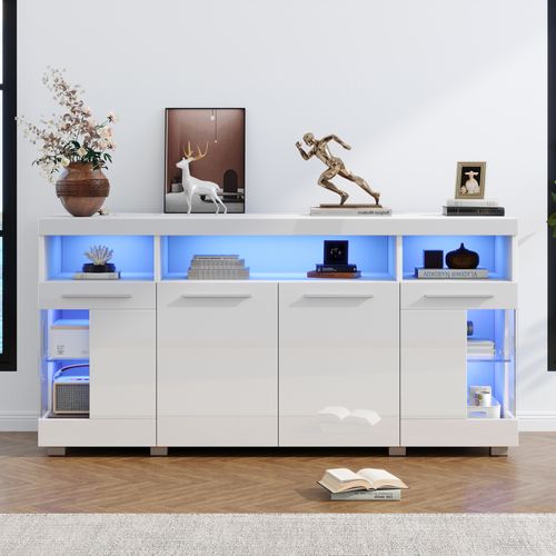 Buffet Haut Brillant - Meuble De Cuisine Bar Avec LED Et Portes En Verre Trempé - Mdf - Blanc