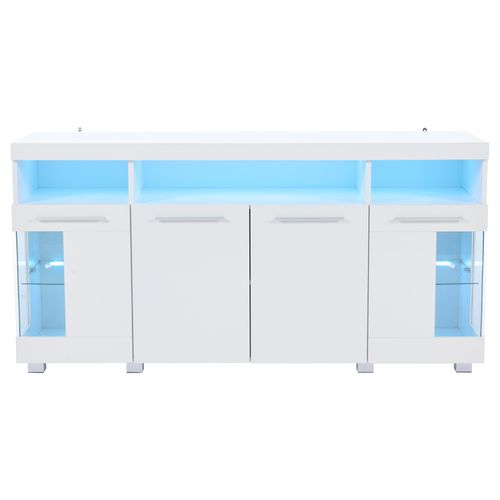 Buffet Haut Brillant - Meuble De Cuisine Bar Avec LED Et Portes En Verre Trempé - Mdf - Blanc