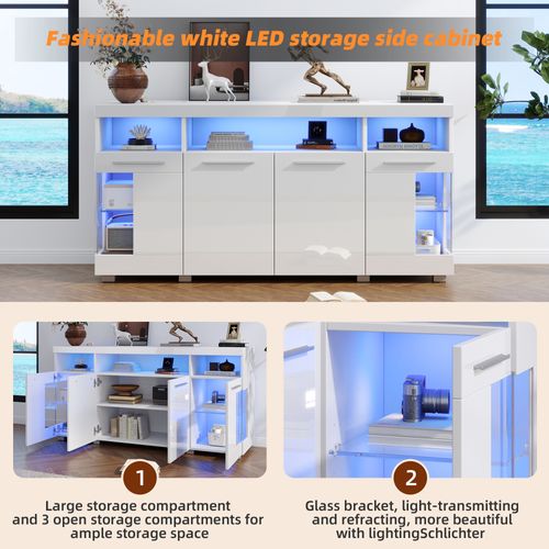 Buffet Haut Brillant - Meuble De Cuisine Bar Avec LED Et Portes En Verre Trempé - Mdf - Blanc