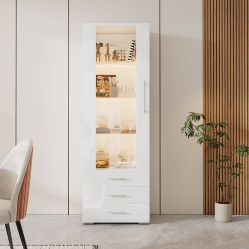 Vitrine De Salon - LED - 3 Tiroirs - Meuble Haut Brillant - Mdf Acrylique - Blanc