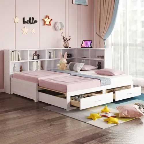 Lit Gigogne 90x190 + 180x190 Cm - Lit Gigogne Avec Coffre Et Prise Euro - Design Moderne - Blanc