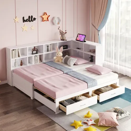 Lit Gigogne 90x190 + 180x190 Cm - Lit Gigogne Avec Coffre Et Prise Euro - Design Moderne - Blanc