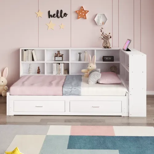 Lit Gigogne 90x190 + 180x190 Cm - Lit Gigogne Avec Coffre Et Prise Euro - Design Moderne - Blanc
