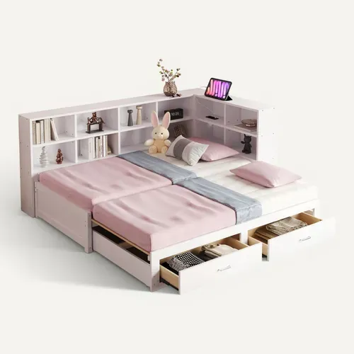 Lit Gigogne 90x190 + 180x190 Cm - Lit Gigogne Avec Coffre Et Prise Euro - Design Moderne - Blanc