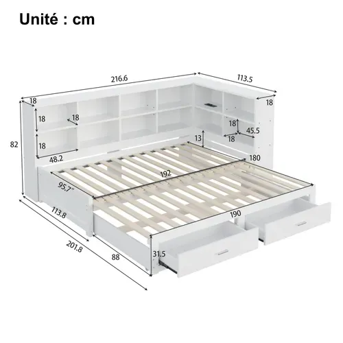 Lit Gigogne 90x190 + 180x190 Cm - Lit Gigogne Avec Coffre Et Prise Euro - Design Moderne - Blanc