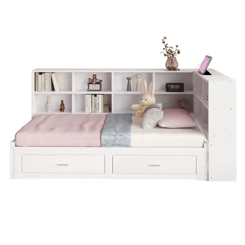 Lit Gigogne 90x190 + 180x190 Cm - Lit Gigogne Avec Coffre Et Prise Euro - Design Moderne - Blanc