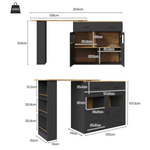Îlot Cuisine Extensible, Meuble Rangement Pivotant 360°, Étagères Latérales, Mdf, Noir