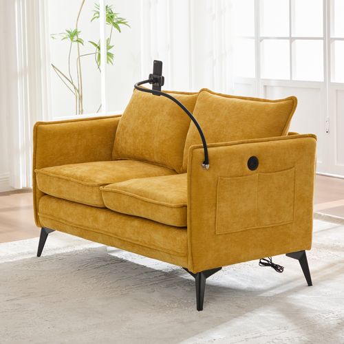 Canapé Moderne 2 Places - Accoudoirs - Pochette Latérale - Support Téléphone - Jaune