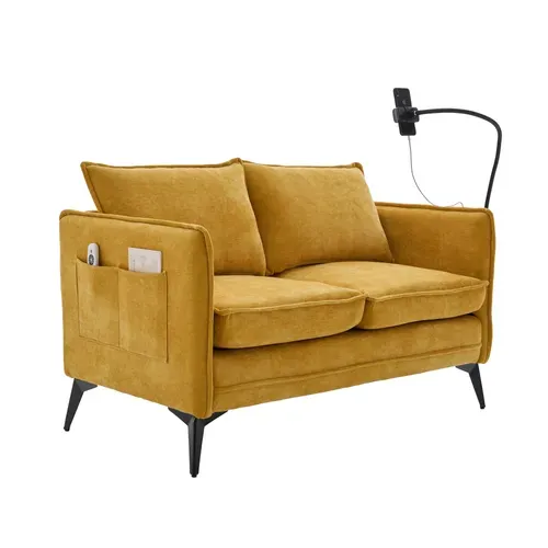 Canapé Moderne 2 Places - Accoudoirs - Pochette Latérale - Support Téléphone - Jaune