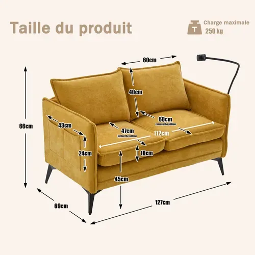 Canapé Moderne 2 Places - Accoudoirs - Pochette Latérale - Support Téléphone - Jaune