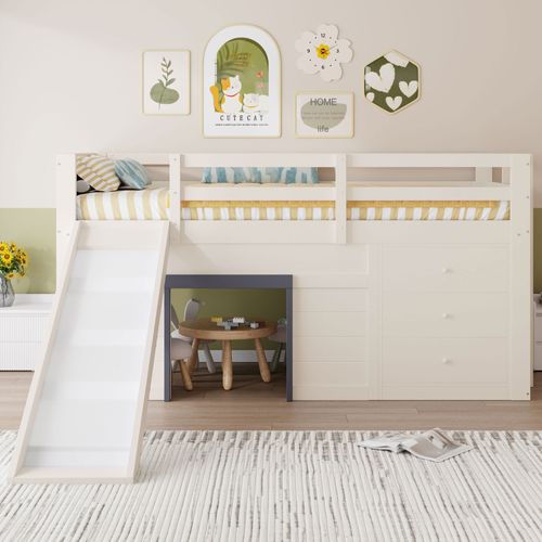 Lit Mezzanine 90x200 Cm Avec 3 Tiroirs Et Toboggan - Confortable Et Pratique - Crème