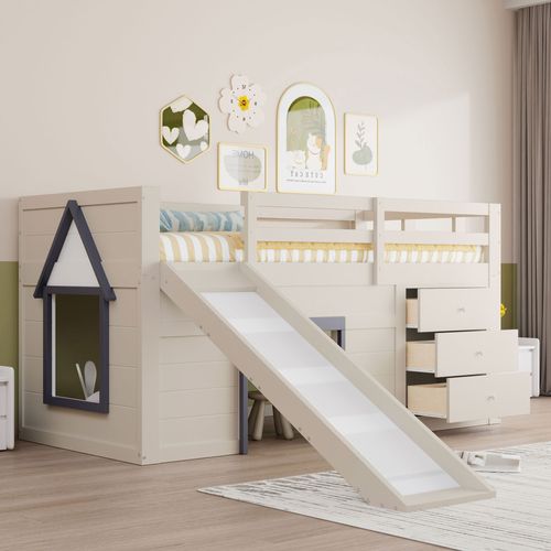 Lit Mezzanine 90x200 Cm Avec 3 Tiroirs Et Toboggan - Confortable Et Pratique - Crème
