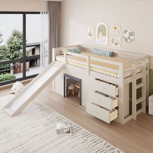Lit Mezzanine 90x200 Cm Avec 3 Tiroirs Et Toboggan - Confortable Et Pratique - Crème