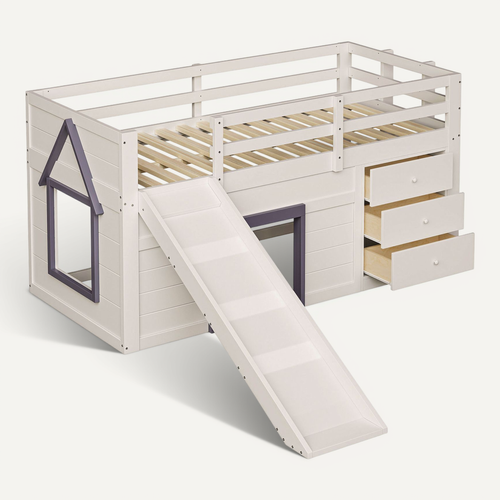 Lit Mezzanine 90x200 Cm Avec 3 Tiroirs Et Toboggan - Confortable Et Pratique - Crème