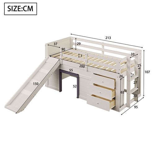 Lit Mezzanine 90x200 Cm Avec 3 Tiroirs Et Toboggan - Confortable Et Pratique - Crème