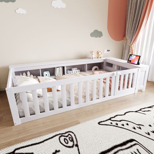 Lit Enfant 90x200 Cm - Lit Cabane Avec Sécurité Et Rangement - Design Ludique - Blanc