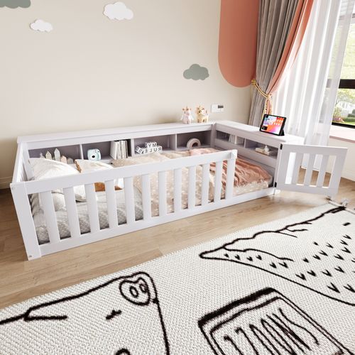 Lit Enfant 90x200 Cm - Lit Cabane Avec Sécurité Et Rangement - Design Ludique - Blanc