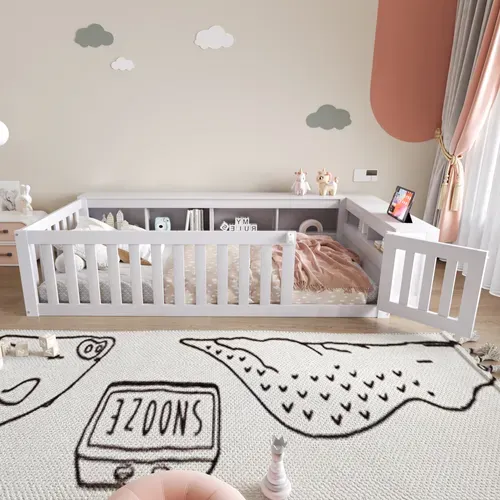 Lit Enfant 90x200 Cm - Lit Cabane Avec Sécurité Et Rangement - Design Ludique - Blanc