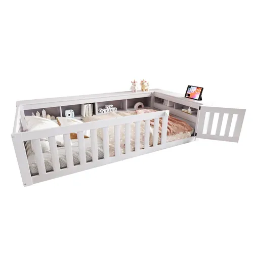 Lit Enfant 90x200 Cm - Lit Cabane Avec Sécurité Et Rangement - Design Ludique - Blanc