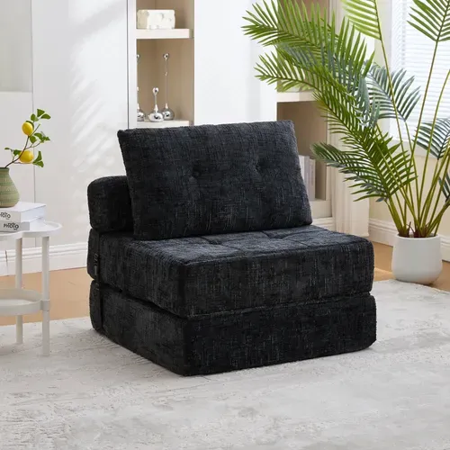 Compressé - Fauteuil Convertible 1 Place - Matelas Pliable - Coussin - Confortable - Chenille Noir