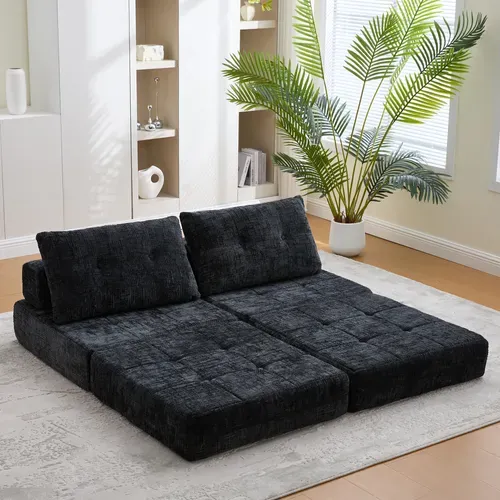 Compressé - Fauteuil Convertible 1 Place - Matelas Pliable - Coussin - Confortable - Chenille Noir