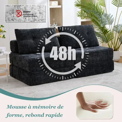 Compressé - Fauteuil Convertible 1 Place - Matelas Pliable - Coussin - Confortable - Chenille Noir