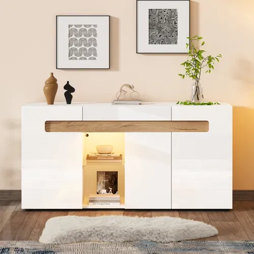 Buffet Rangement 3 Placards Avec LED Application, Design Moderne, Facile à Entretenir, Blanc