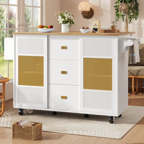 Îlot Cuisine Avec Rangement, Porte-serviettes Et Étagère à Épices, Buffet Mobile Mdf, Blanc