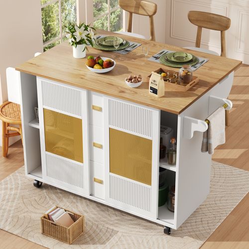 Îlot Cuisine Avec Rangement, Porte-serviettes Et Étagère à Épices, Buffet Mobile Mdf, Blanc