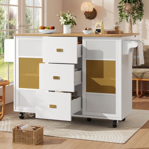 Îlot Cuisine Avec Rangement, Porte-serviettes Et Étagère à Épices, Buffet Mobile Mdf, Blanc